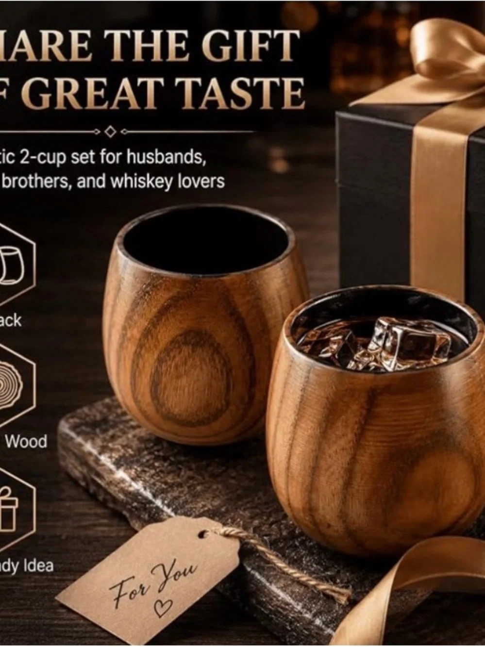 Wooden Whiskey Cups - Brown Jujube wood 10oz - 2 pack